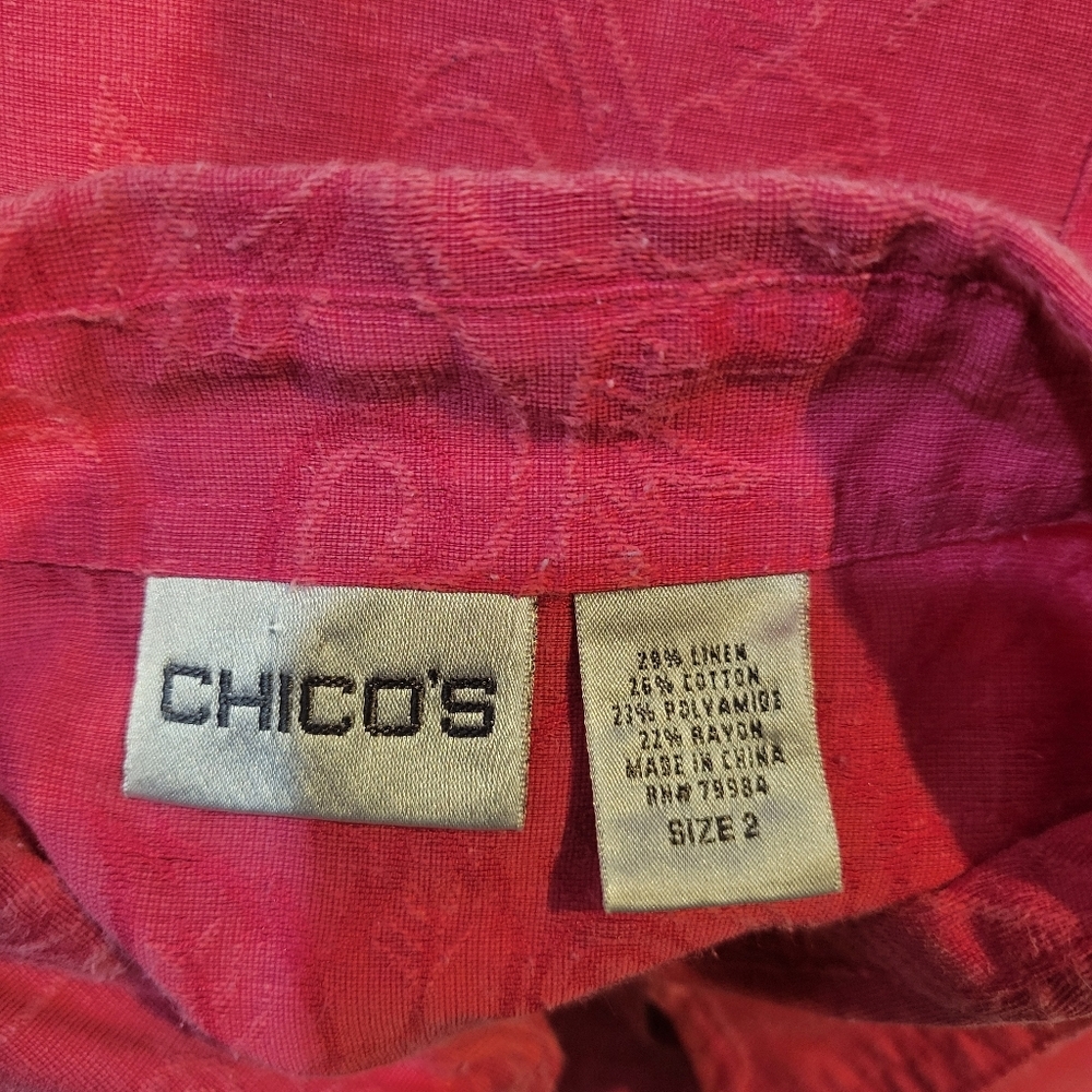 Chicos Linen And Cotton Blend Pink Whimsical Floral Button Up | Large - Picture 6 of 6